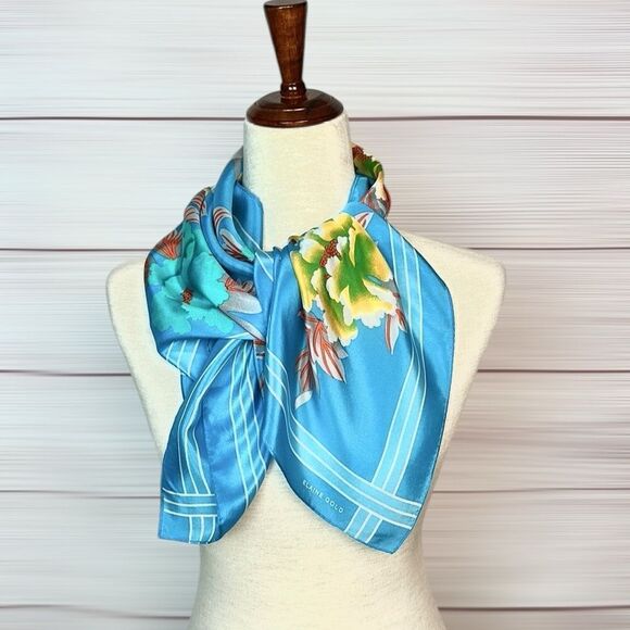 Elaine Gold for Collection XIIX Silk Square Scarf Floral Blue Gold made in Japan - Picture 5 of 9